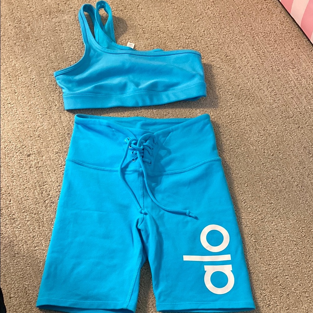 ALO Yoga Blue Athletic Shorts and sports bra